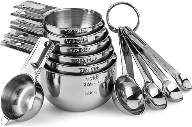stainless steel measuring spoons and cups